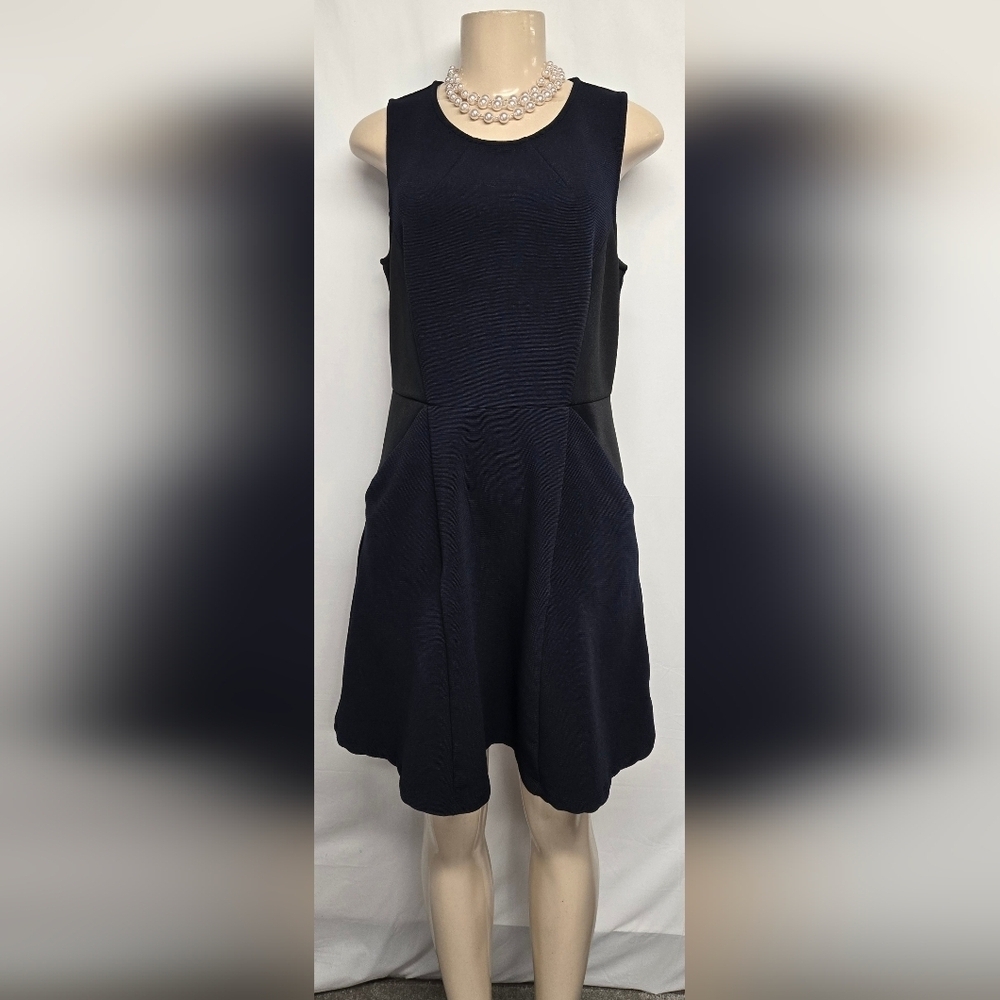 Mossimo L Navy Blue And Black A Line Dress Stretch Sleeveless Zipper Back Office
